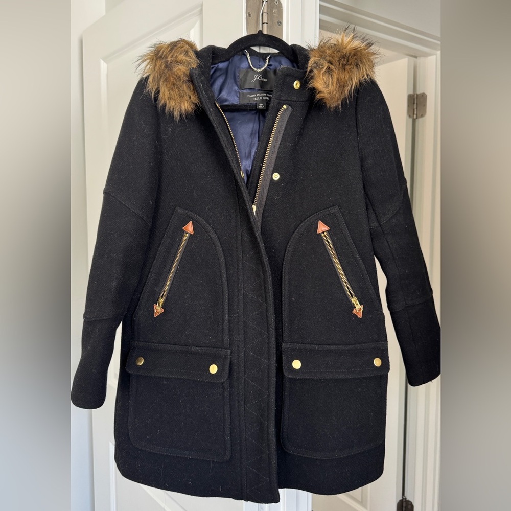 J. Crew Black Pea Coat with Brown Faux Fur